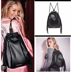 Victoria's Secret Fringe Fashion Show Backpack Bucket Bag Black Faux Leather NEW